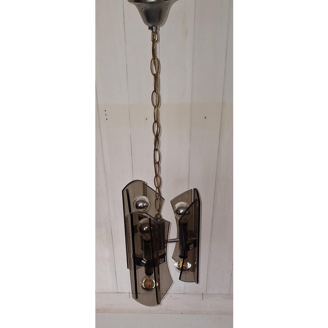 6-Light Ceiling Lamp with Chrome-Plated Metal Frame and Tinted Cut Crystal Glass Panels, 1970s For Sale - Image 4 of 7