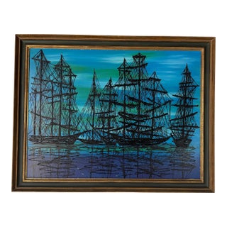 1970s Mid-Century Modern Harbor Boats Landscape Acrylic Painting on Board, Signed For Sale