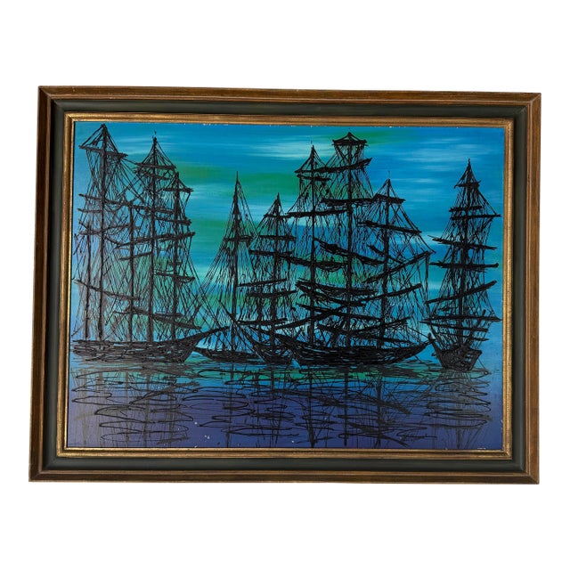 1970s Mid-Century Modern Harbor Boats Landscape Acrylic Painting on Board, Signed For Sale