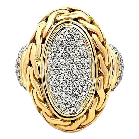 John Hardy Pave Diamond Ring Signet Classic Chain Style Oval 18k Gold For Sale