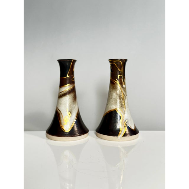 Studio Ceramic Candlesticks with Gold Decoration by Peter Sylvest, Denmark, 1970s, Set of 2 For Sale - Image 4 of 12