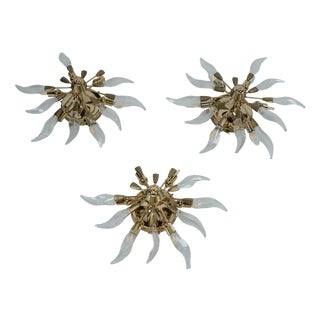 Brass and Crystal Ceiling Lamps, Italy, 1970s, Set of 3 For Sale