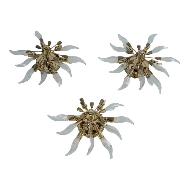 Brass and Crystal Ceiling Lamps, Italy, 1970s, Set of 3 For Sale