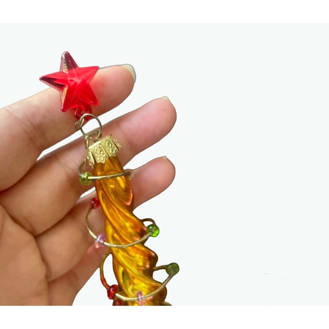 1970s Vintage Swirl Glass Icicle Ornaments – Yellow & Purple, Rhinestone Stars, Set of 2 - 6" For Sale - Image 5 of 7