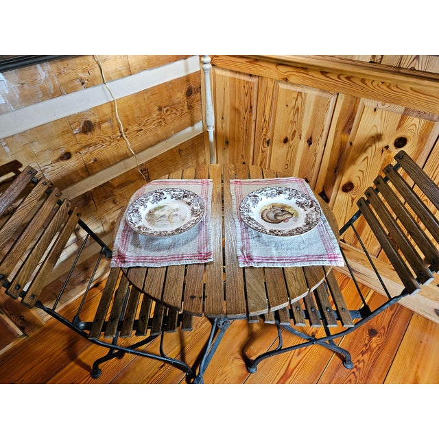 Wood Original 1980's Smith & Hawken Bistro Teak Wood and Cast-Iron Table and 2 Chairs For Sale - Image 7 of 12