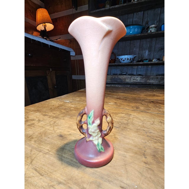 Vintage Roseville Pottery Apple Blossom Bud Flower Vase Matte Coral Pink 379-7. This lovely bud vase is Coral Pink which...