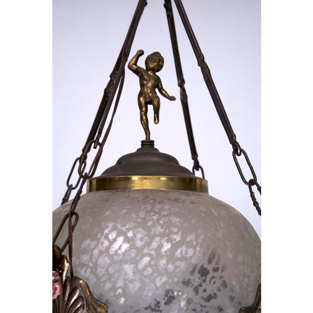 Mid-Century Modern Italian Brass, Etched Glass and Capodimonte Flowers Lantern, 1950s For Sale - Image 3 of 14