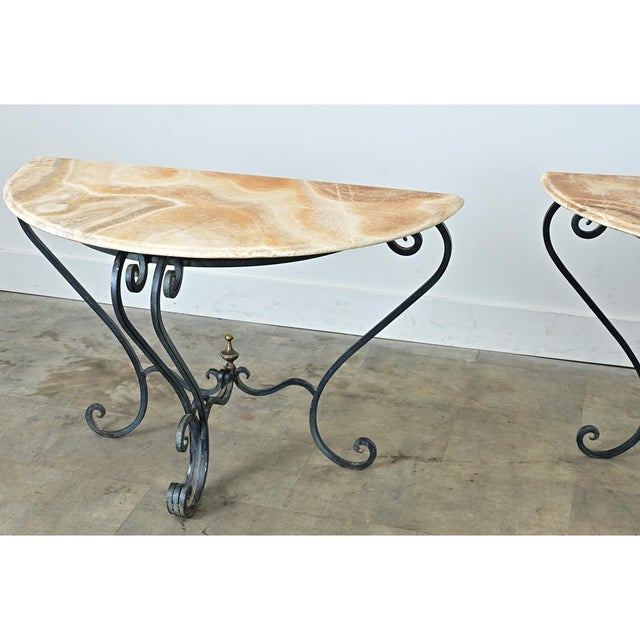 Early 20th Century French Pair of Onyx & Iron Demilune Consoles For Sale - Image 12 of 13
