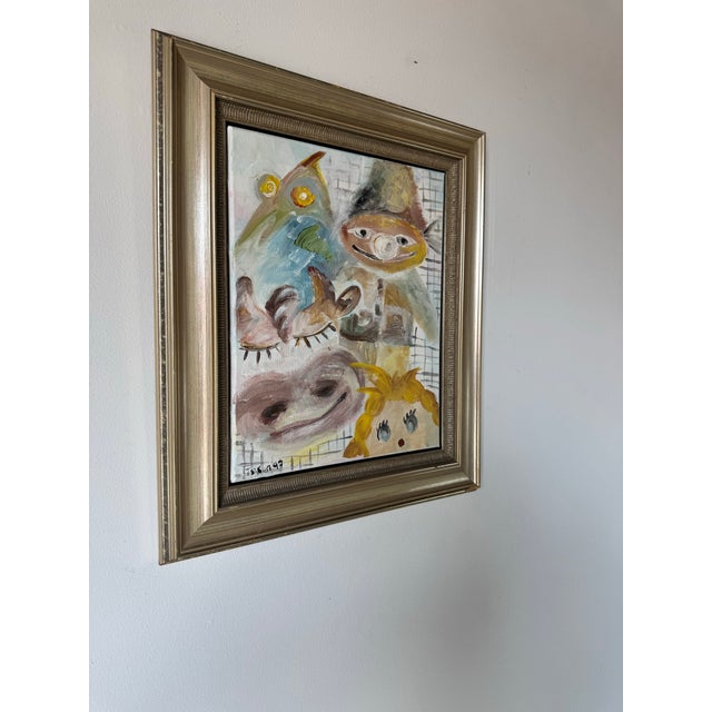 Expressive and whimsical vintage acrylic on canvas painting by artist Tsikun, dated 1997. This captivating composition...