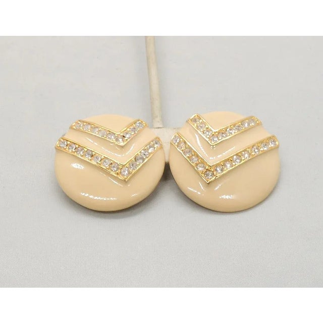 Modern Vintage 1980s Signed Alexis Kirk Round White Enamel & Rhinestone Clip Earrings - 2 Pieces For Sale - Image 3 of 8