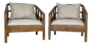 Organic Modern Carved Mango Wood Club Chairs Pair