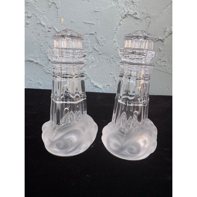 Coastal Vintage Lenox Full Lead Crystal Lighthouse Salt & Pepper Shakers, Frosted Base, Coastal Table Decor For Sale - Image 3 of 8