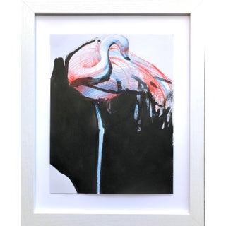 “Flamingo, Standing on One Leg” Contemporary Animal Portrait Mixed-Media Painting by James Repton, Framed For Sale