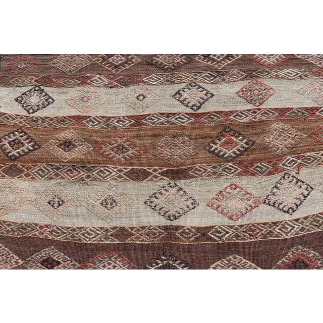 Brown Vintage Turkish Embroidered Flatweave Rug Gallery With Striped Geometric Design For Sale - Image 8 of 12