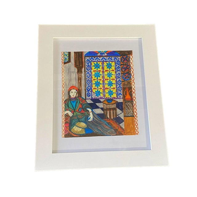 Mix Media Orientalist Painting on Paper Framed 12" by 10" For Sale - Image 4 of 5
