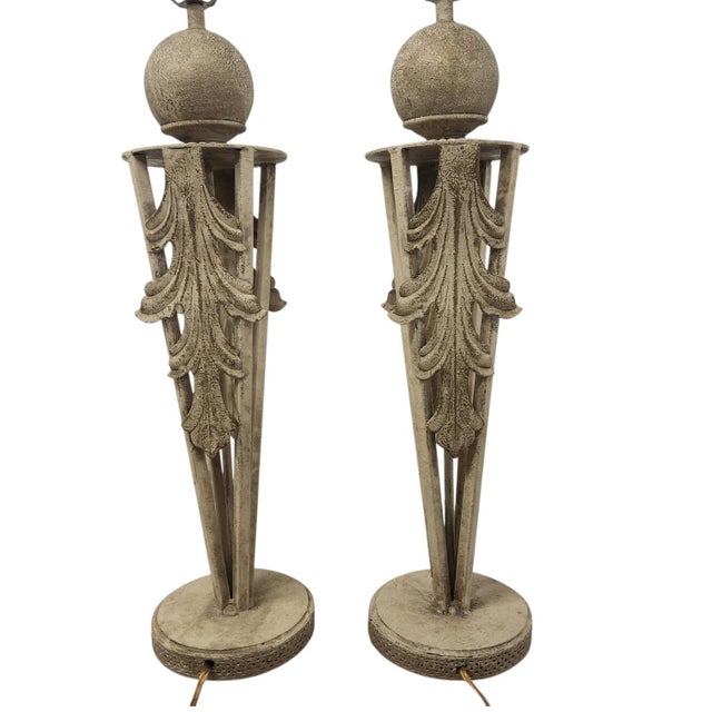 Baroque Late 20th Century Neoclassical Faux Stone Metal Table Lamps With Acanthus Leaf & Orb Accents - Pair For Sale - Image 3 of 11