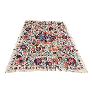 Handmade Suzani Floral King Size Bedspread / Table Cover - 8' X 6' For Sale