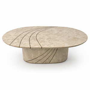 Italian Tessellated Stone and Brass Inlay Oval Coffee Table