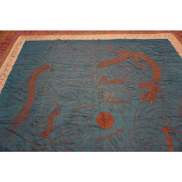 Majestic Teal Blue Color Background With Dragons Patters Desing Antique Chinese Textile Rug For Sale - Image 4 of 9
