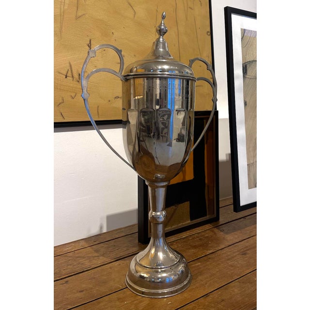 Transitional Large Vintage Silver Plate Trophy Urn With Lid, Sculptural Decorative Object For Sale - Image 3 of 7