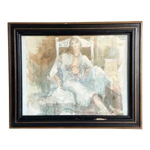 Framed Watercolor Painting of Lady Lounging in Robe Attire