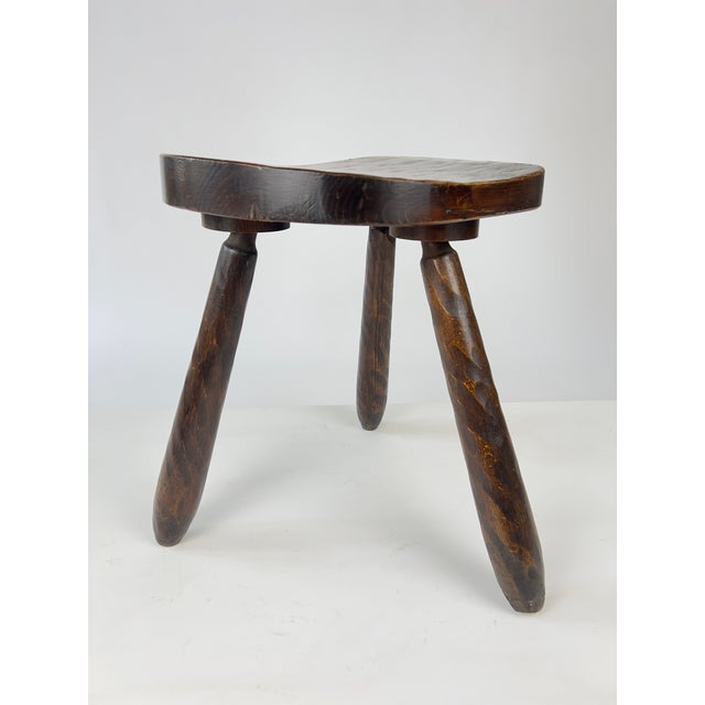 Wood Vintage Brutalist Rustic Carved Wood Tripod Stool, France, 1930s For Sale - Image 7 of 12