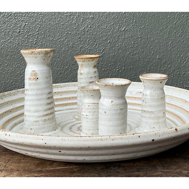 Cream Vintage Original Studio Pottery Platter With Vases For Sale - Image 8 of 12