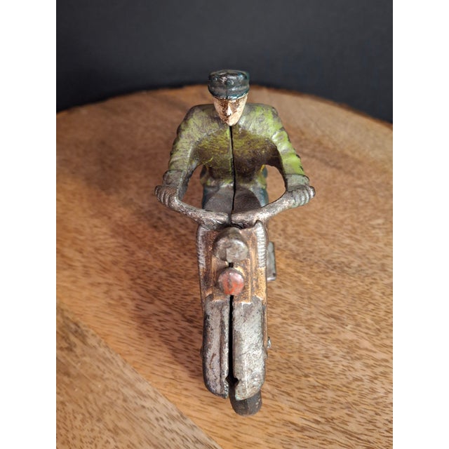 Antique 1930s Hubley Cast Iron "Patrol" Cop Police Motorcycle Toy | Green Paint & Integral Officer Rider 6.25" For Sale - Image 11 of 17