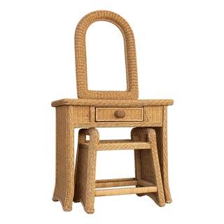 Vintage Wicker Vanity Set With Arched Mirror and Matching Stool For Sale