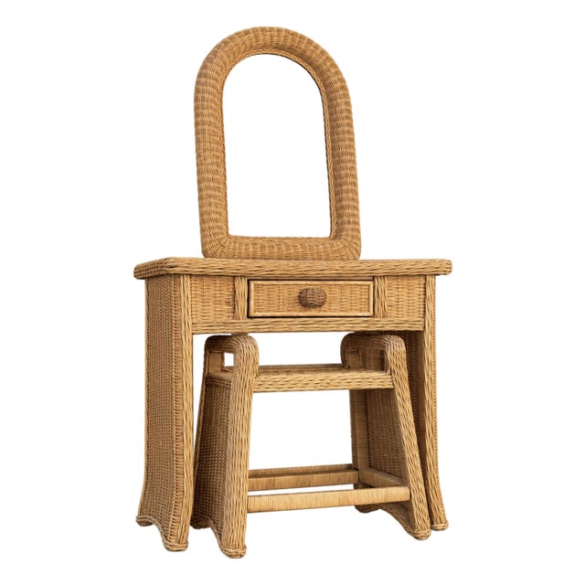 Vintage Wicker Vanity Set With Arched Mirror and Matching Stool For Sale