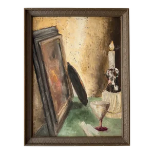 Antonia J. Greene Still Life With Painting, Glass, and Candle, 1930s Oil on Board, Framed
