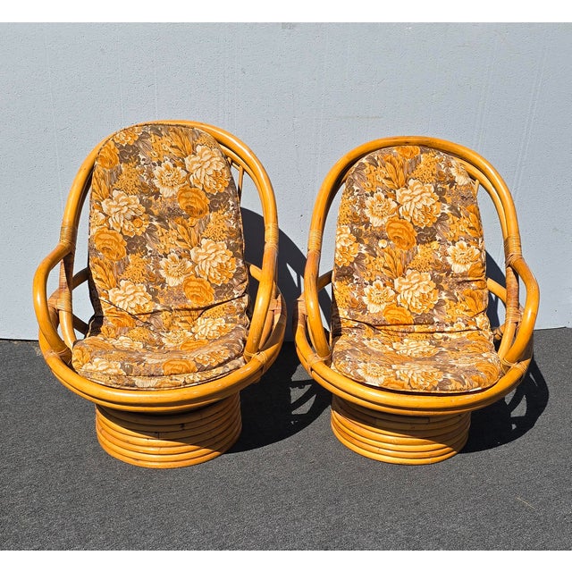 Mid-Century Modern 1970's Pair of Vintage Bamboo Rattan Mid Century Modern Swivel Orange Chairs For Sale - Image 3 of 18