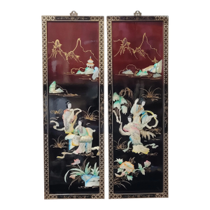 Vintage Pair of Wall Art Hanging Asian Decor Wood Frame Black Lacquer Handcrafted Raised