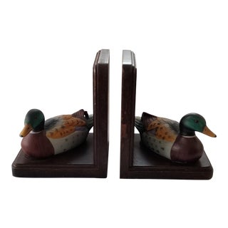 Ceramic Hand Painted Mallard Duck Wooden Bookends - a Pair For Sale