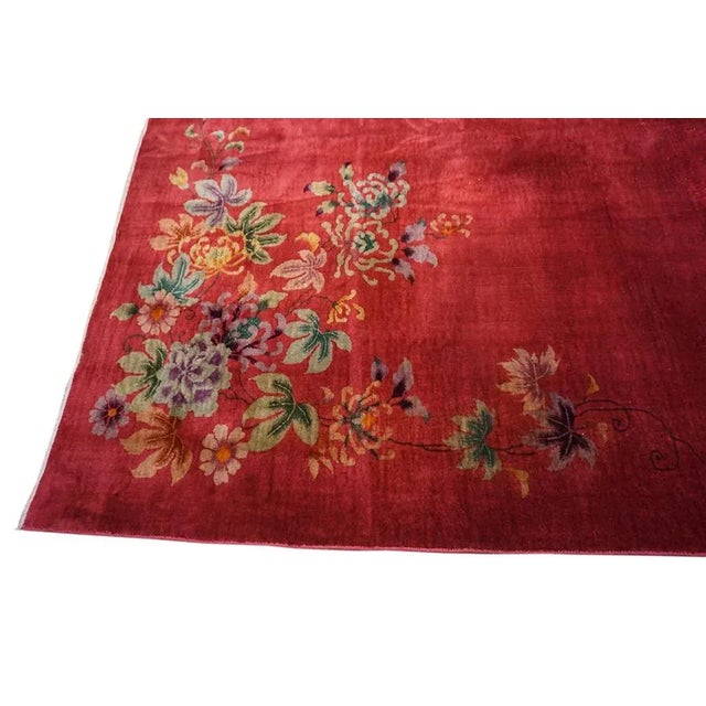 1930s Lovely Floral and Inspires Joy With Ruby Red Color Chinese Art Deco Rug For Sale In New York - Image 6 of 9