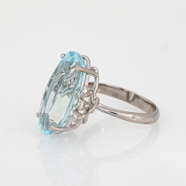 5.91ct Elongated Aquamarine Ring Vintage 18k White Gold Sz 5.75 Fine Jewelry For Sale - Image 4 of 7