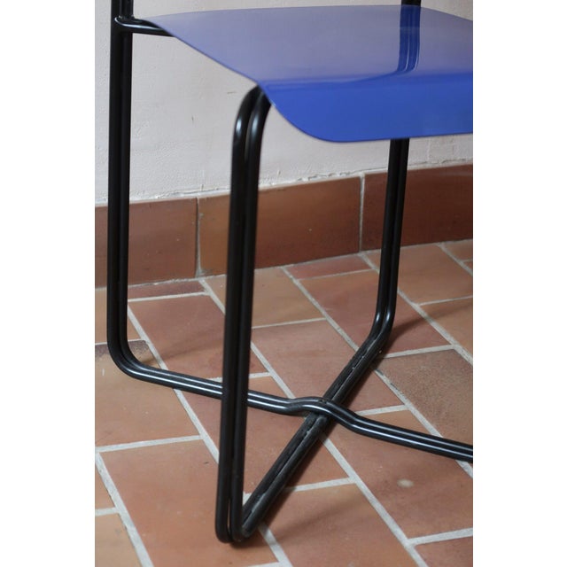 Black Kaa Chair attributed to Francesco Soro in Black Lacquered Metal with Blue Seat, Italy, 1980s For Sale - Image 8 of 13