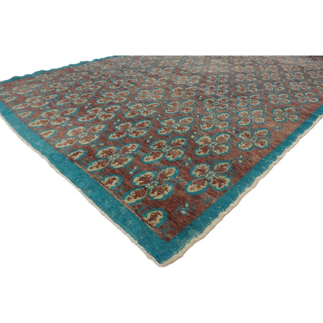 , distressed vintage Turkish Sivas rug with Victorian Bohemian style. Displaying well-balanced symmetry and a simple...