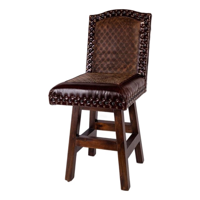 Rustic Cowhide Swivel Stool, Kennedy Ranch Leather Barstool, Western Nailhead Counter Chair For Sale