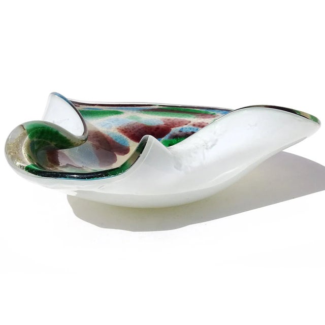 Beautiful vintage Murano hand blown white, silver flecks, green, blue, purple and millefiori flowers Italian art glass...