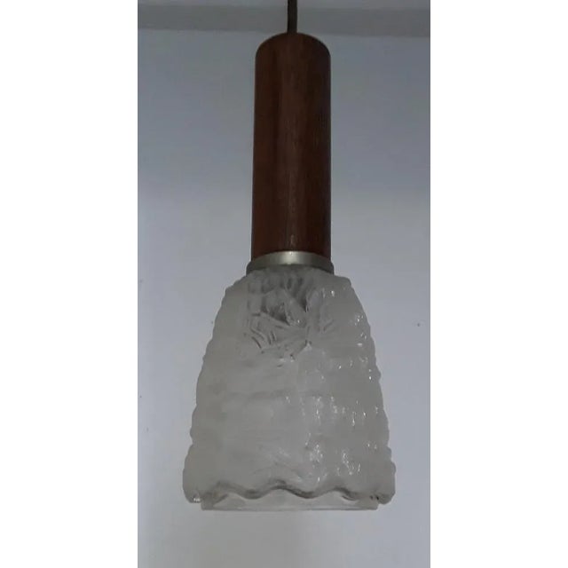 Ceiling Lamp with Frosted Relief Glass Shade & Teak Veneered Mount, 1960s, in Good conditions. Designed 1960 to 1969...