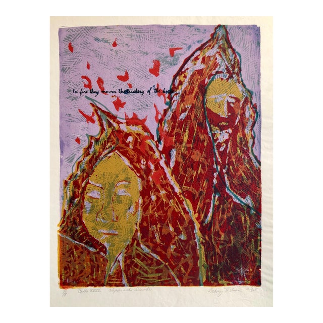 Vintage Vibrant Mod Divine Comedy Dante Inferno Virgil Woodblock Woodcut Print, c.1960-1970s For Sale