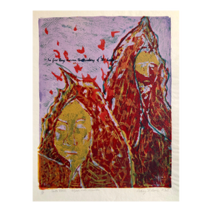 Vintage Vibrant Mod Divine Comedy Dante Inferno Virgil Woodblock Woodcut Print, c.1960-1970s