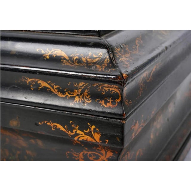 Antique Black Chinoiserie Decorated Jewelry Box.it is a large example with red velvet interior.