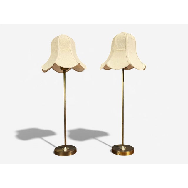 BABO, Swedish Mid-Century Modern, Table Lamps, Brass, Fabric, Sweden, 1900s Pair of simple patinated brass and fabric...