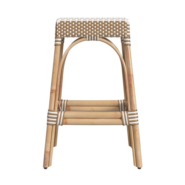 Spritely Home Accent Furniture Robias 30 in. Seat Height Rectangular Rattan Backless Bar Stool, Tan/White Stripe/ Natural Rattan Frame For Sale - Image 4 of 7
