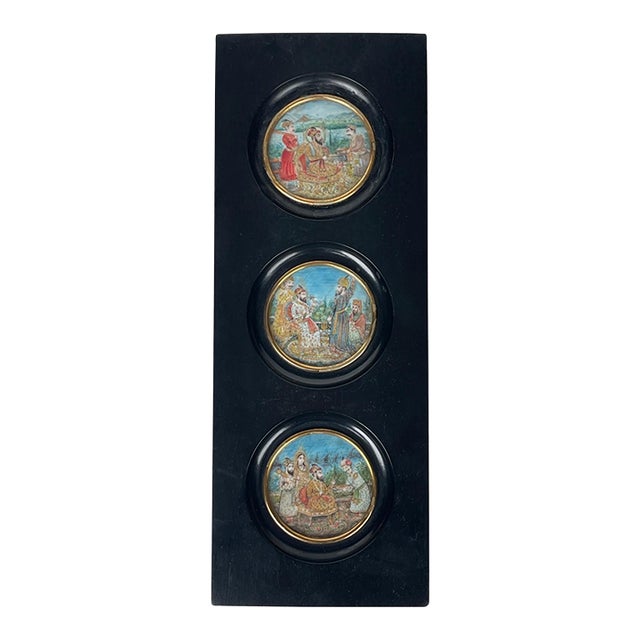 Lot of Three 19th Century Indian Hand Painted Miniature Paintings Set in an Ebonized Frame For Sale