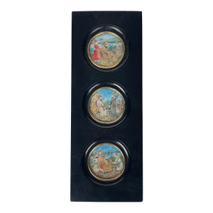 Lot of Three 19th Century Indian Hand Painted Miniature Paintings Set in an Ebonized Frame