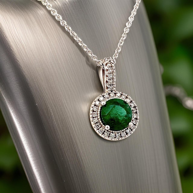 Natural Emerald Diamond Pendant Necklace 18" 14k W Gold 1.90 TCW Certified For Sale - Image 13 of 15