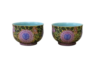 Pair Chinese Porcelain Famille Color Lotus Flower Cups